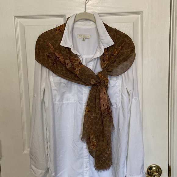 Coach Scarf Signature C Brown Neutral Pink Mauve Gold Wildflower Floral Bouquets - Picture 2 of 13